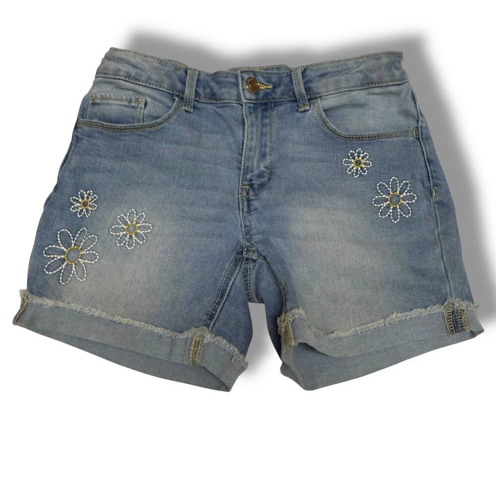 SO‎ Girls Denim Shorts Sz 14 Embroidered Daisies Daisy Light Wash Raw Hem